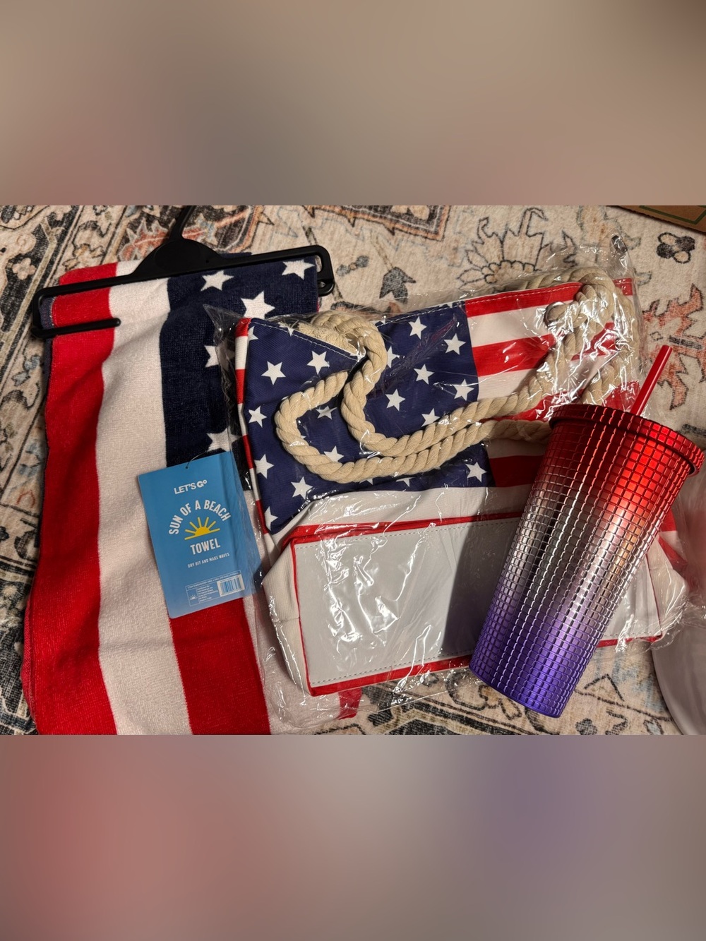 American Flag beach towel, Tote, and tumbler set